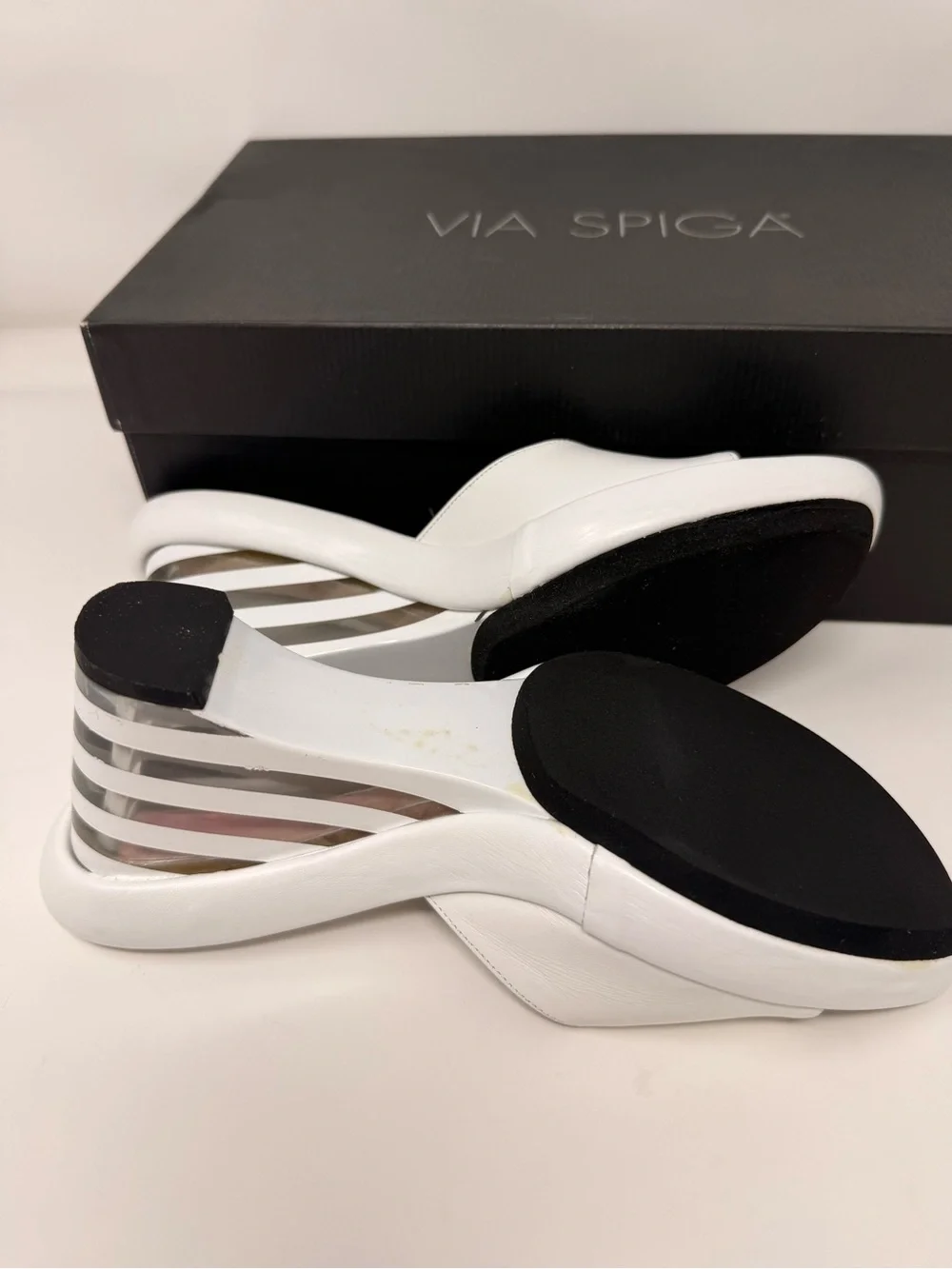 Via Spiga White Open-Toe Wedge Slide Sandals with Striped Heel